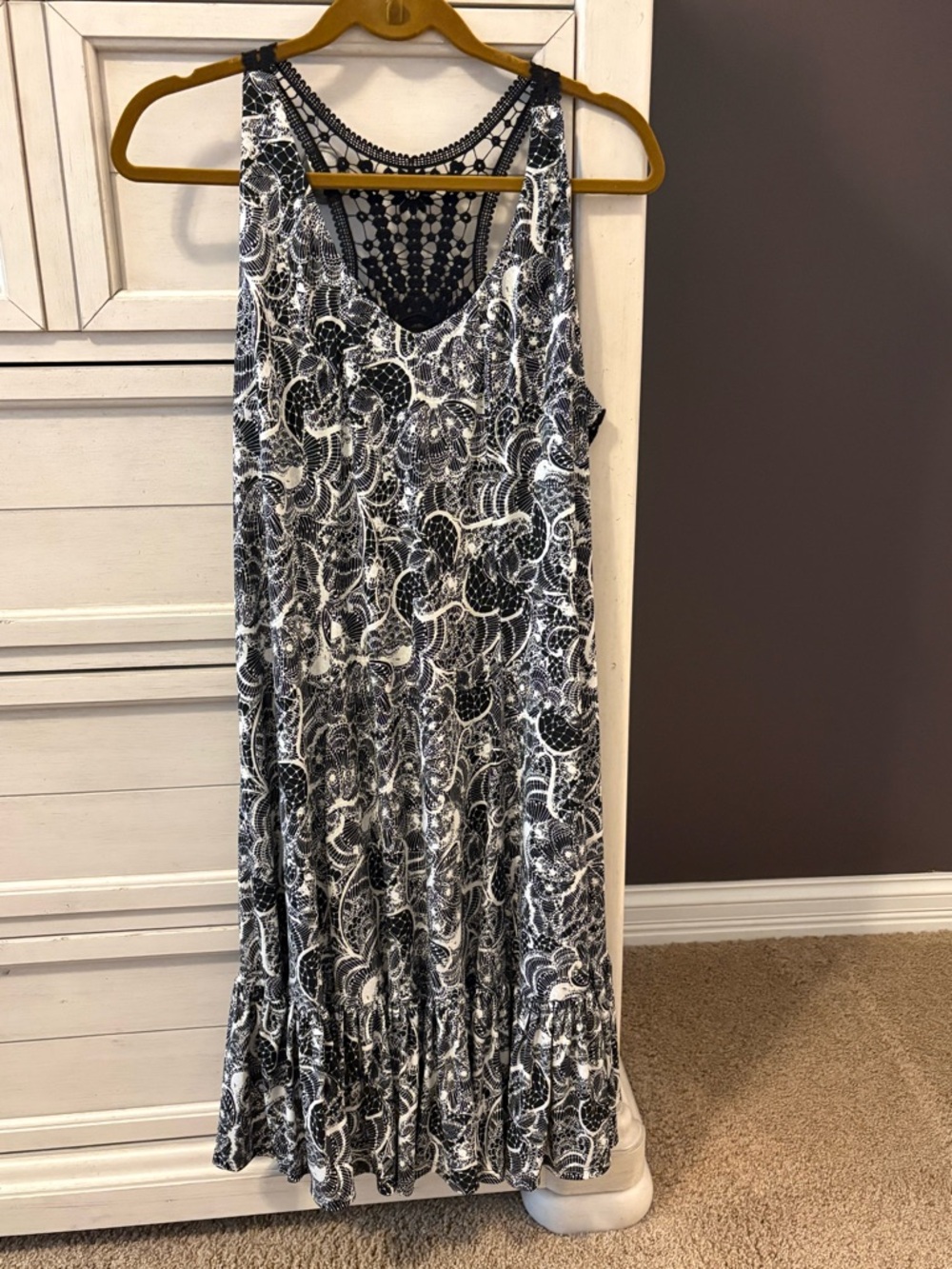 Gabby Skye Black & White Paisley Maxi Dress with Crochet Back